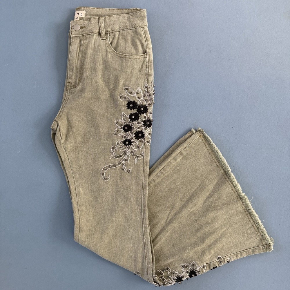 NWT POL Glamour Groove Floral‎ Embroidered Beaded Boho Green Flare Jeans - Picture 4 of 8